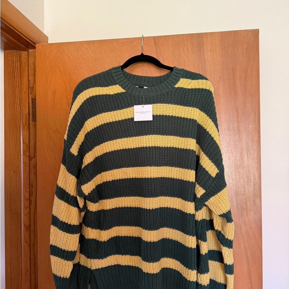 American Eagle Outfitters Green and Yellow Striped Crewneck Sweater